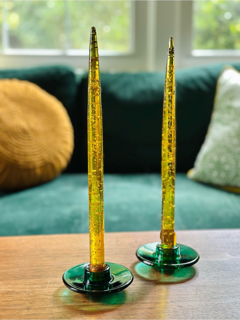 Midcentury yellow golden flake lucite candles w/ green glass holders